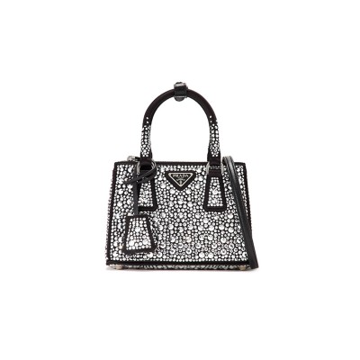 PRADA BLACK SATIN AND CRYSTAL MINI GALLIERA TOTE BAG 1BA906 (20*15*9.5cm) 